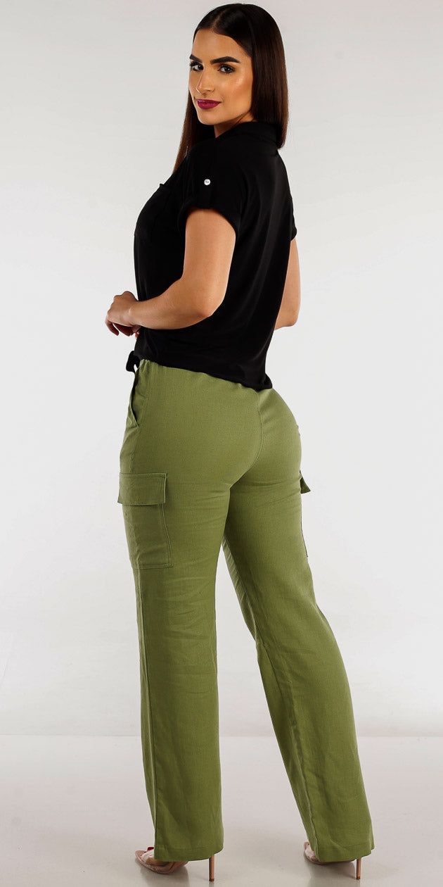 Olive Straight Leg Linen Cargo Pants with Black Short Sleeve Button Up Shirt sold by Moda product image thumbnail 2