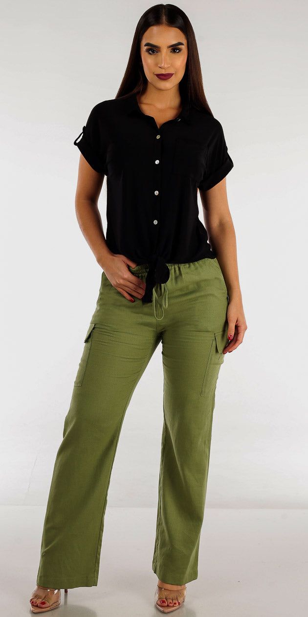 Olive Straight Leg Linen Cargo Pants with Black Short Sleeve Button Up Shirt sold by Moda