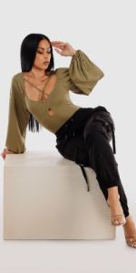 Black Drawstring Waist Jogger Pants with Bishop Long Sleeve Olive Bodysuit sold by Moda