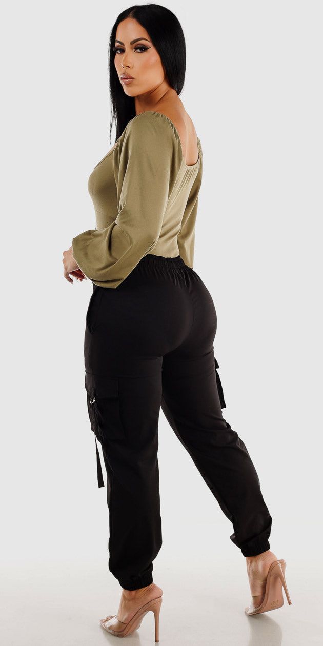 Black Drawstring Waist Jogger Pants with Bishop Long Sleeve Olive Bodysuit sold by Moda product image thumbnail 2