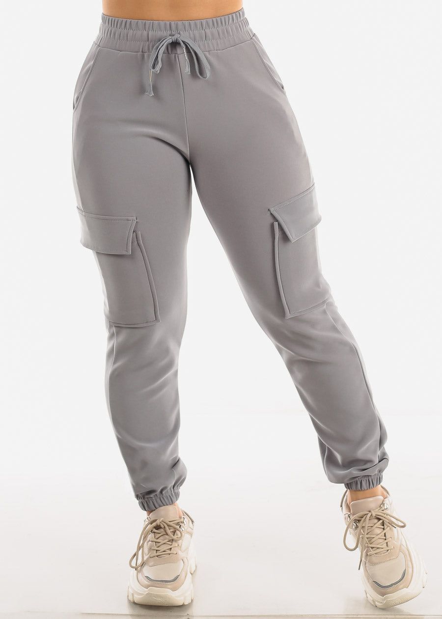 Drawstring Waist Cargo Jogger Pants Light Grey sold by Moda