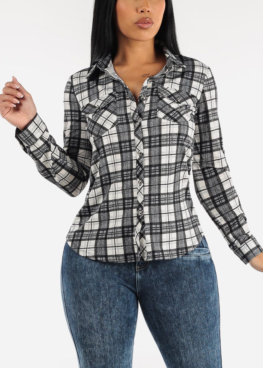 Button Up Roll up Sleeve Black Plaid Shirt sold by Moda