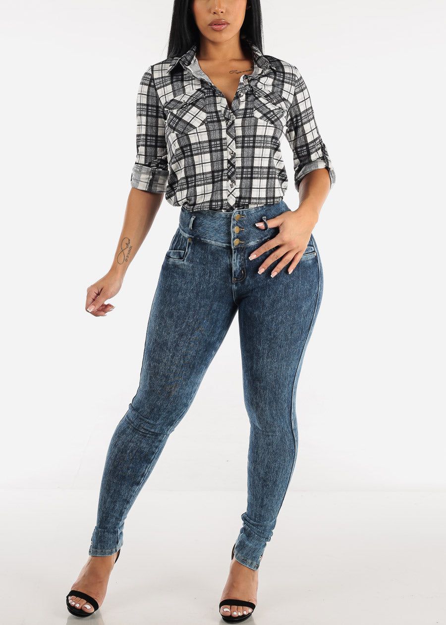 Button Up Roll up Sleeve Black Plaid Shirt sold by Moda product image thumbnail 2