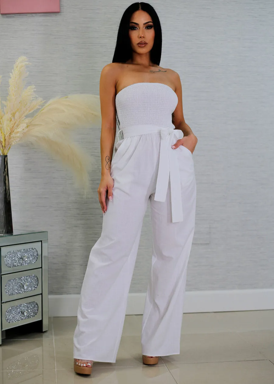 Strapless White Wide Legged Linen Jumpsuit sold by Moda