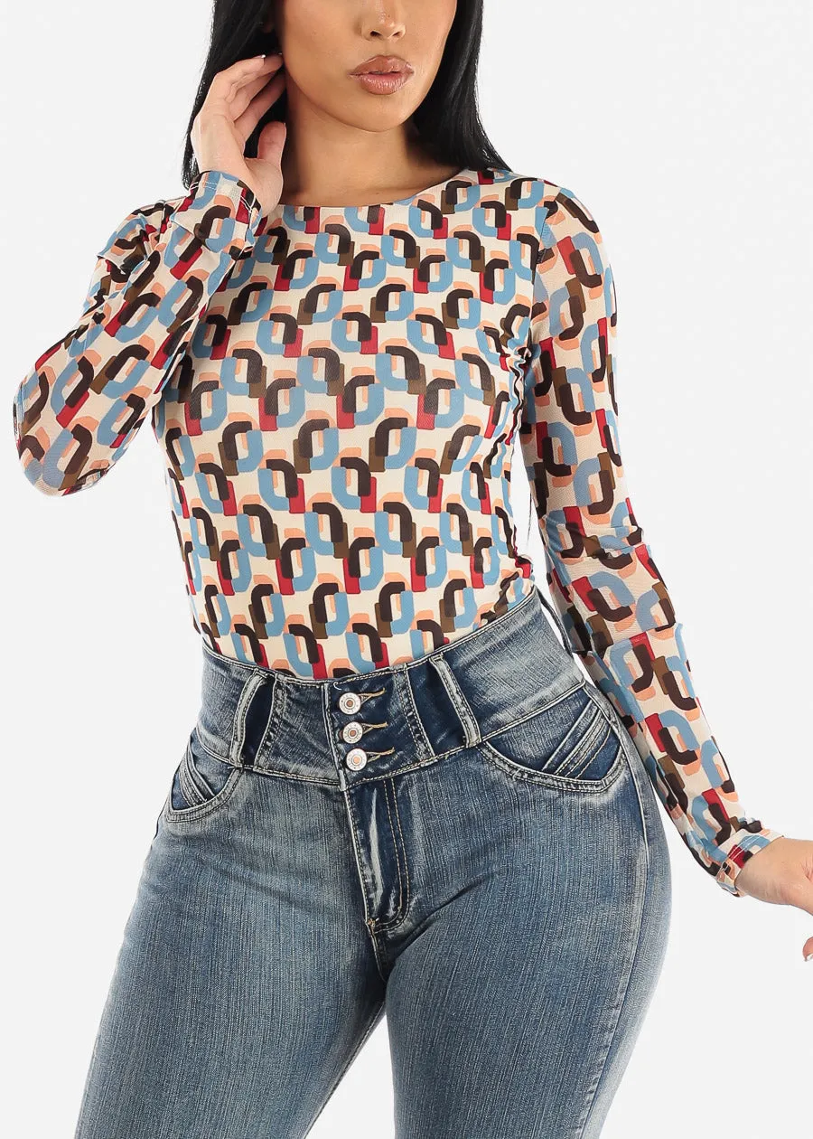 Long Sleeve Printed Mesh Bodysuit Cream sold by Moda product image thumbnail 5