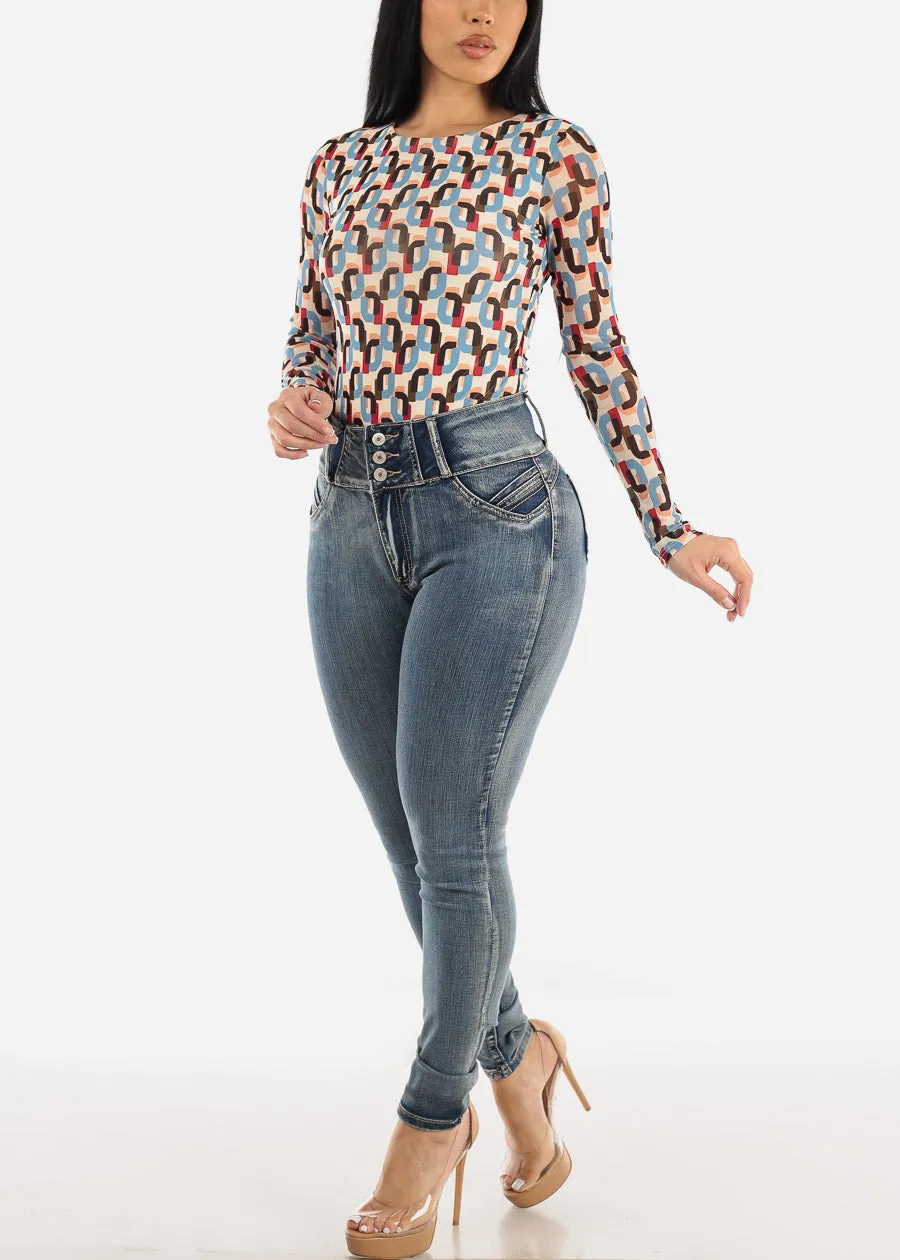 Long Sleeve Printed Mesh Bodysuit Cream sold by Moda product image thumbnail 2