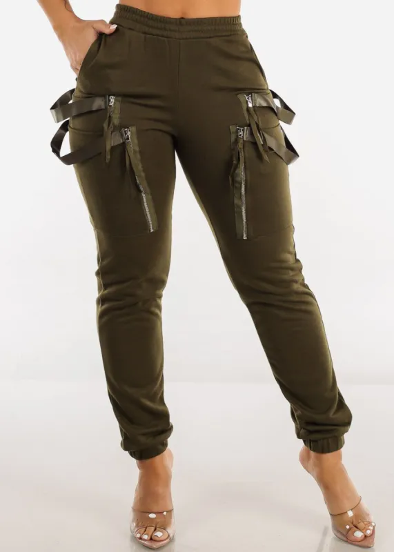 High Waisted Olive Cargo Jogger Pants w Straps sold by Moda