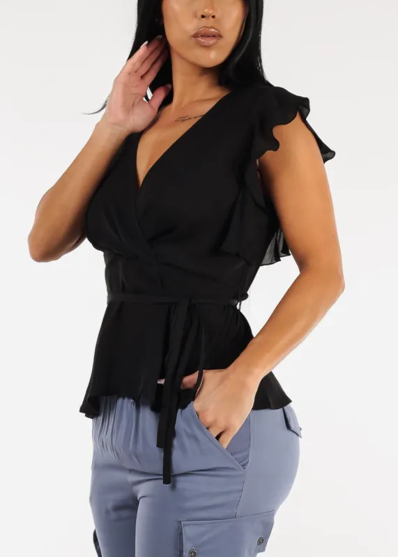 Black Short Sleeve Surplice Peplum Blouse sold by Moda