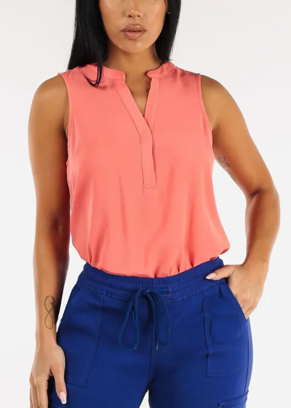 Sleeveless Half Button Up Blouse Coral sold by Moda