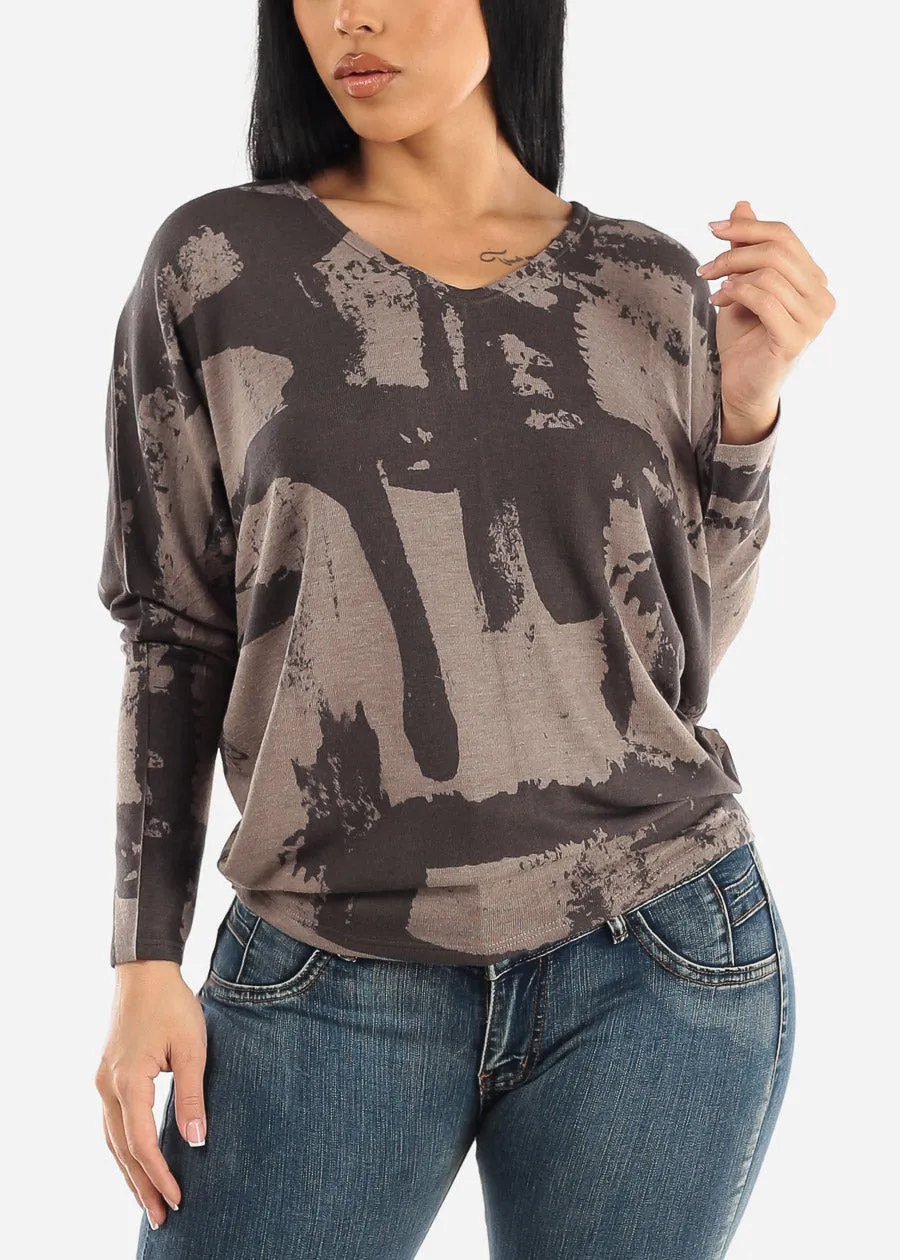 Printed Long Sleeve Dolman Tunic Top Grey sold by Moda
