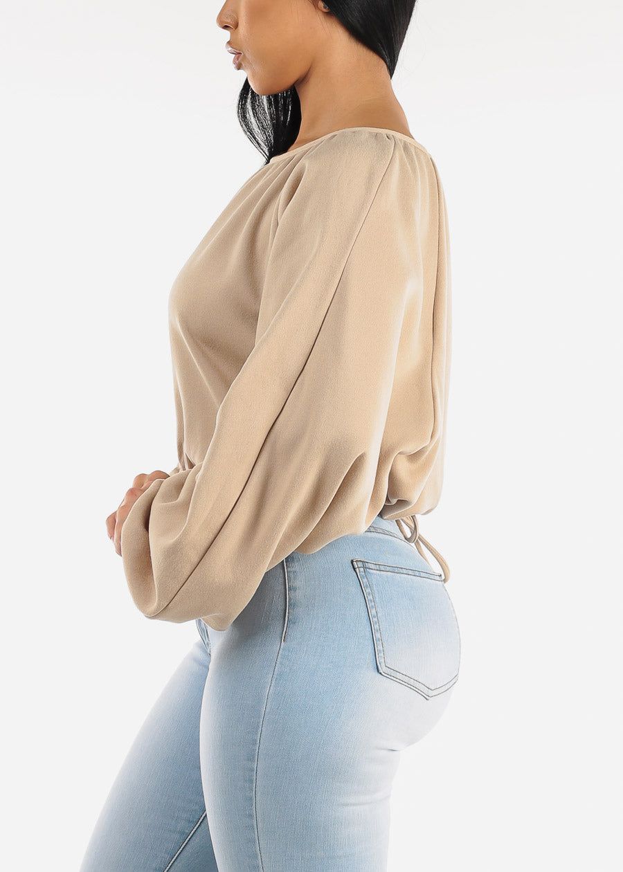 Long Sleeve Fleece Pullover Top Taupe w Drawstring Waist sold by Moda product image thumbnail 3