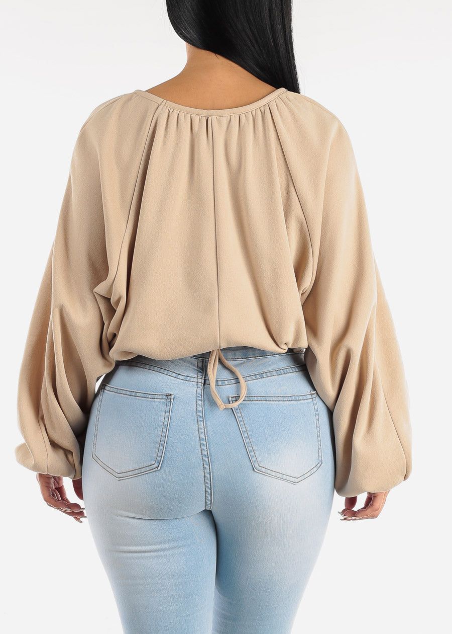 Long Sleeve Fleece Pullover Top Taupe w Drawstring Waist sold by Moda product image thumbnail 4