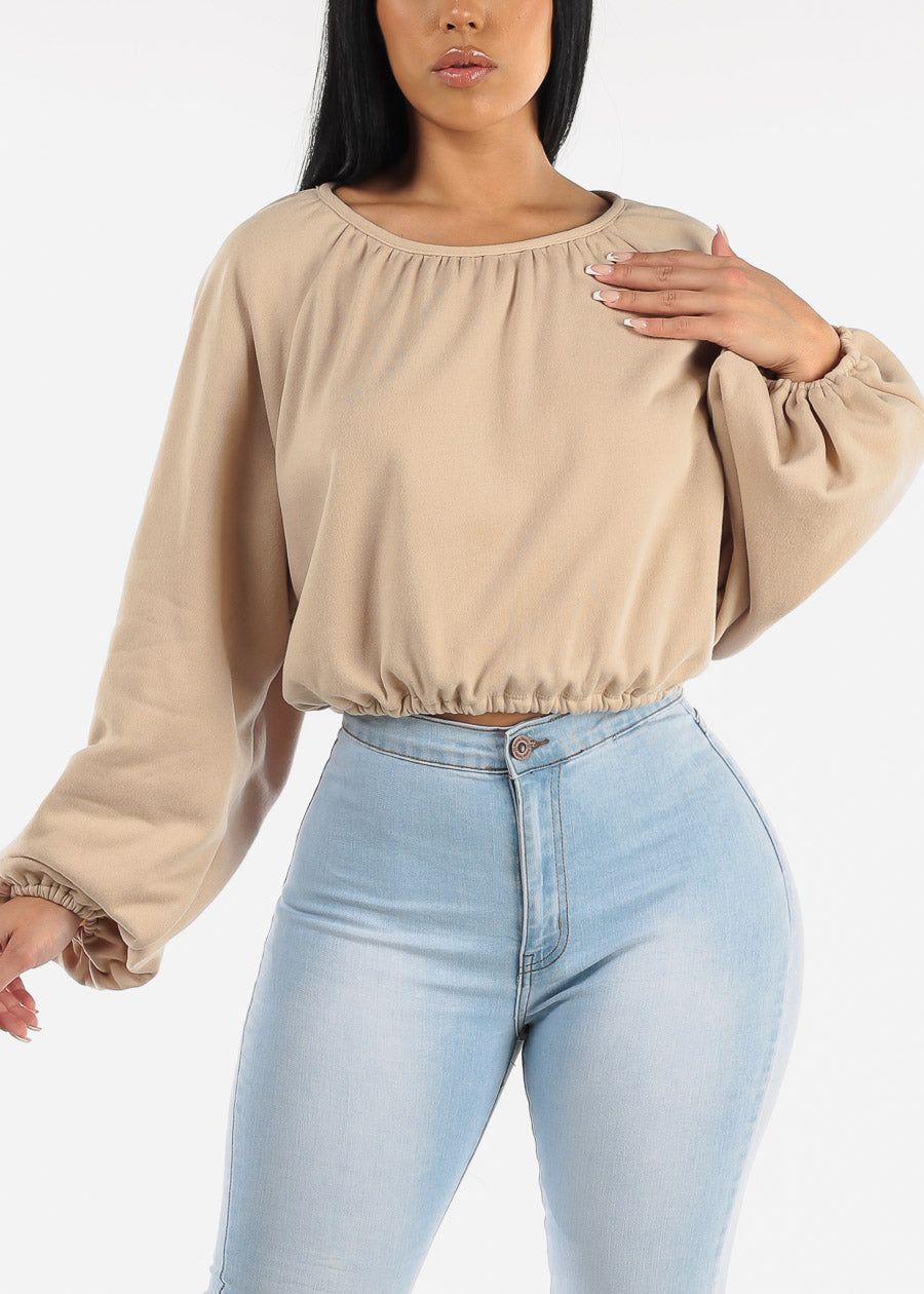 Long Sleeve Fleece Pullover Top Taupe w Drawstring Waist sold by Moda
