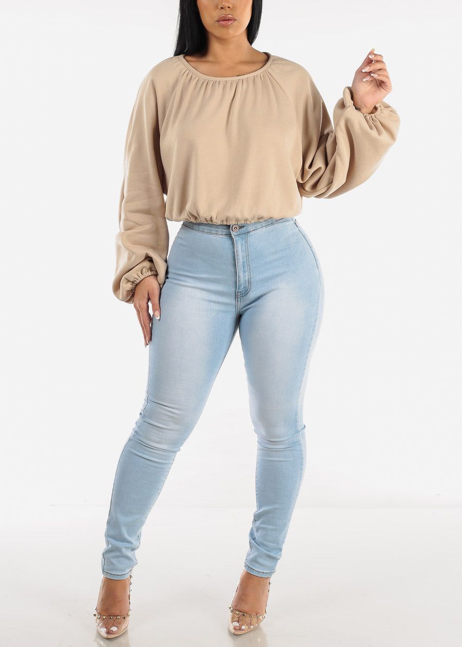 Long Sleeve Fleece Pullover Top Taupe w Drawstring Waist sold by Moda product image thumbnail 2