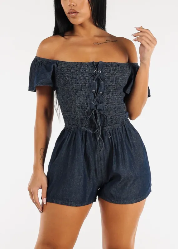 Off Shoulder Smocked Denim Romper Dark Blue sold by Moda