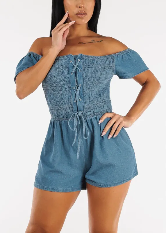 Off Shoulder Smocked Denim Romper Med Blue sold by Moda