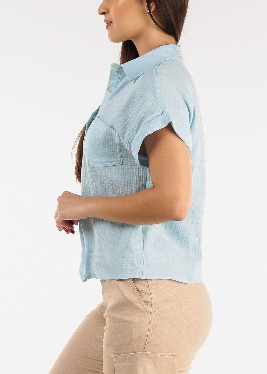 Cotton Cap Sleeve Button Up Shirt Light Blue sold by Moda product image thumbnail 3