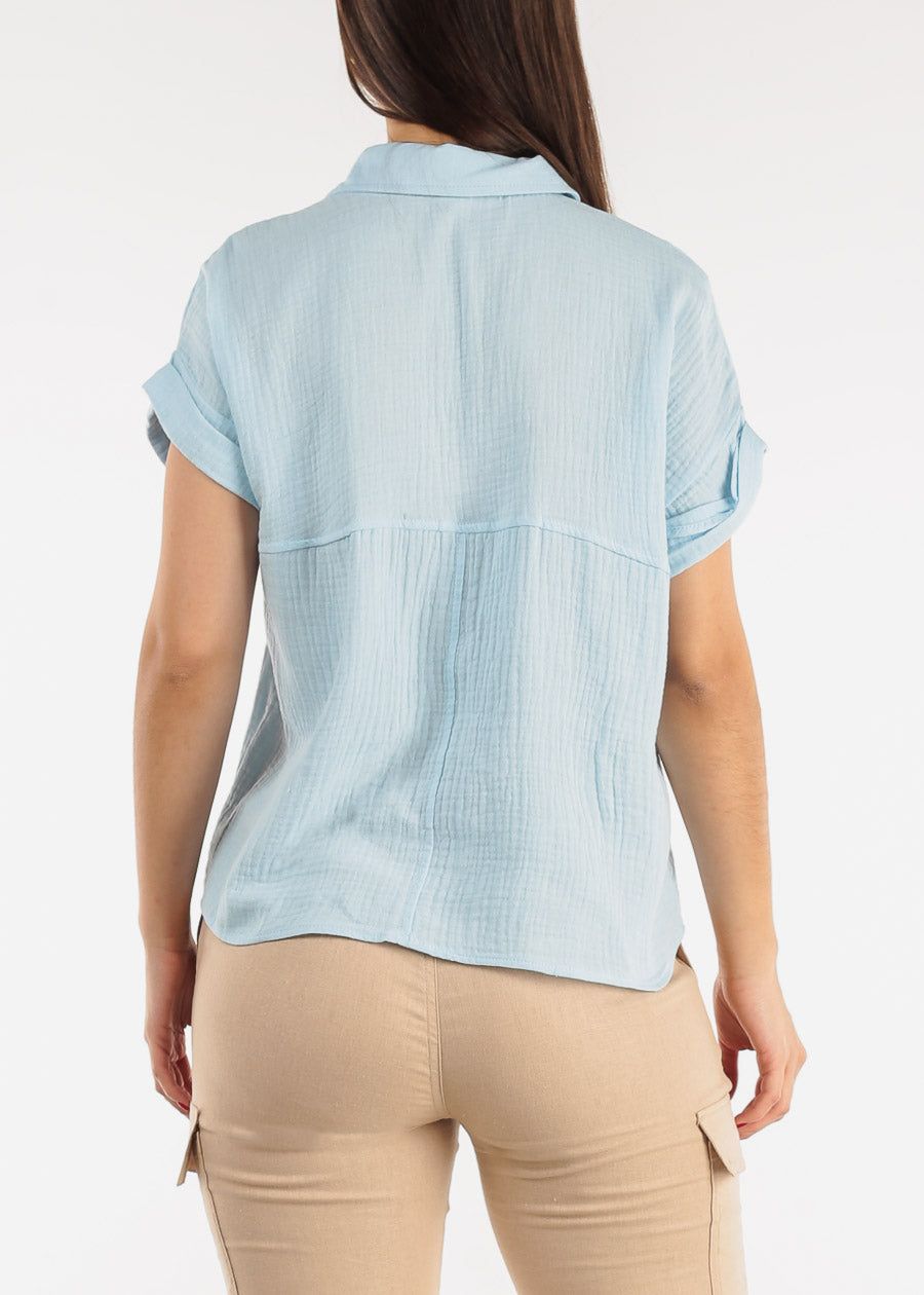 Cotton Cap Sleeve Button Up Shirt Light Blue sold by Moda product image thumbnail 4