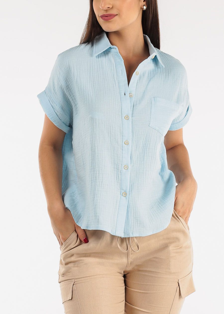 Cotton Cap Sleeve Button Up Shirt Light Blue sold by Moda