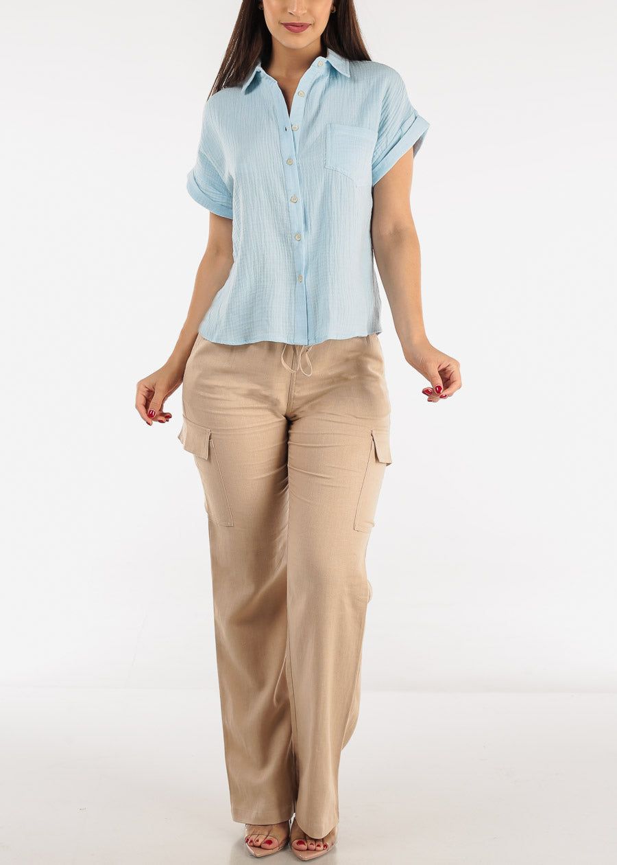 Cotton Cap Sleeve Button Up Shirt Light Blue sold by Moda product image thumbnail 2