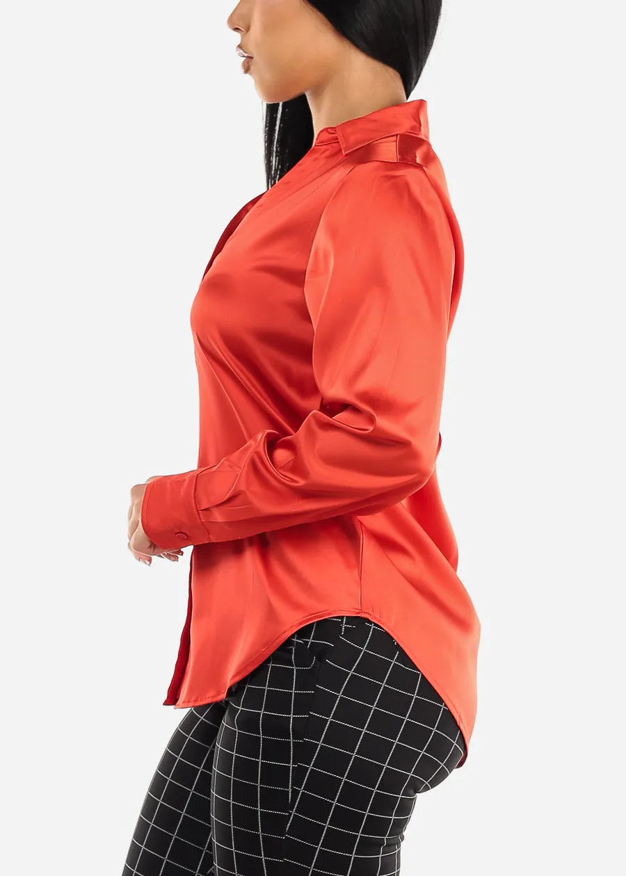 Long Sleeve Button Down Satin Tunic Shirt Red sold by Moda product image thumbnail 3