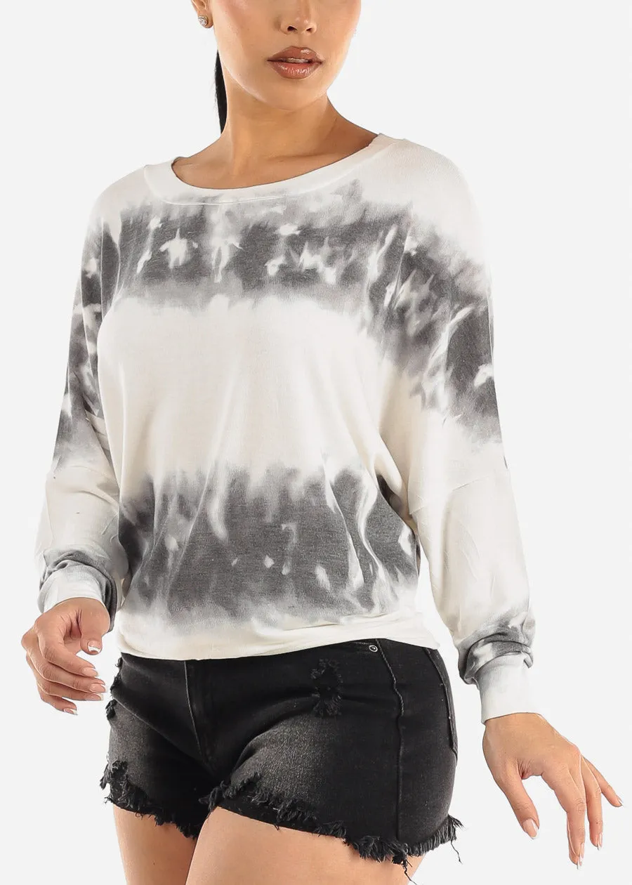 Long Sleeve Dolman Tie Dye Tunic Top White sold by Moda