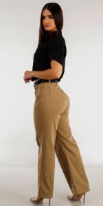 Khaki High Rise Slim Straight Pants with Short Sleeve Black Twisted Front Button Up Shirt sold by Moda