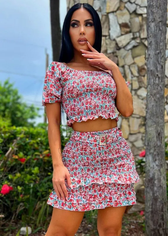 Floral Off Shoulder Crop Top & Mini Skirt White (2 PCE SET) sold by Moda