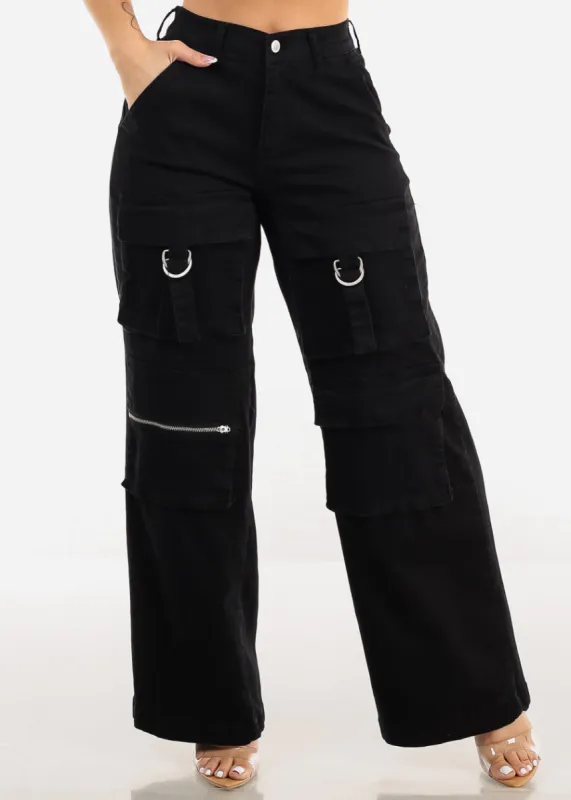 Super High Waist Straight Wide Leg Black Cargo Jeans sold by Moda