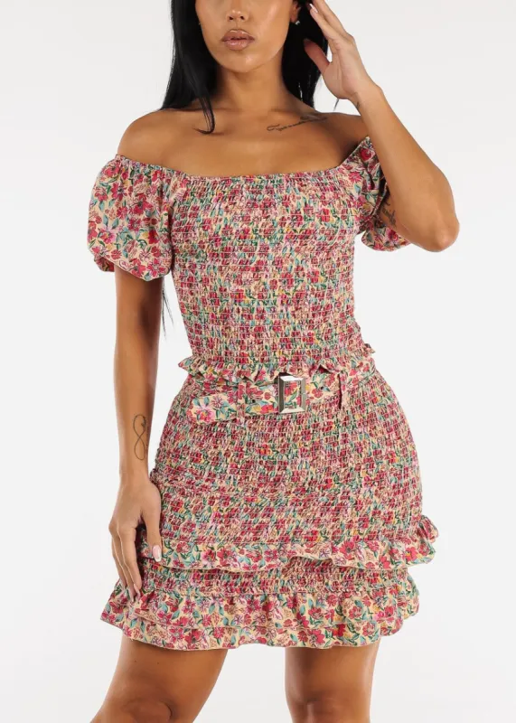 Floral Off Shoulder Crop Top & Mini Skirt Peach (2 PCE SET) sold by Moda