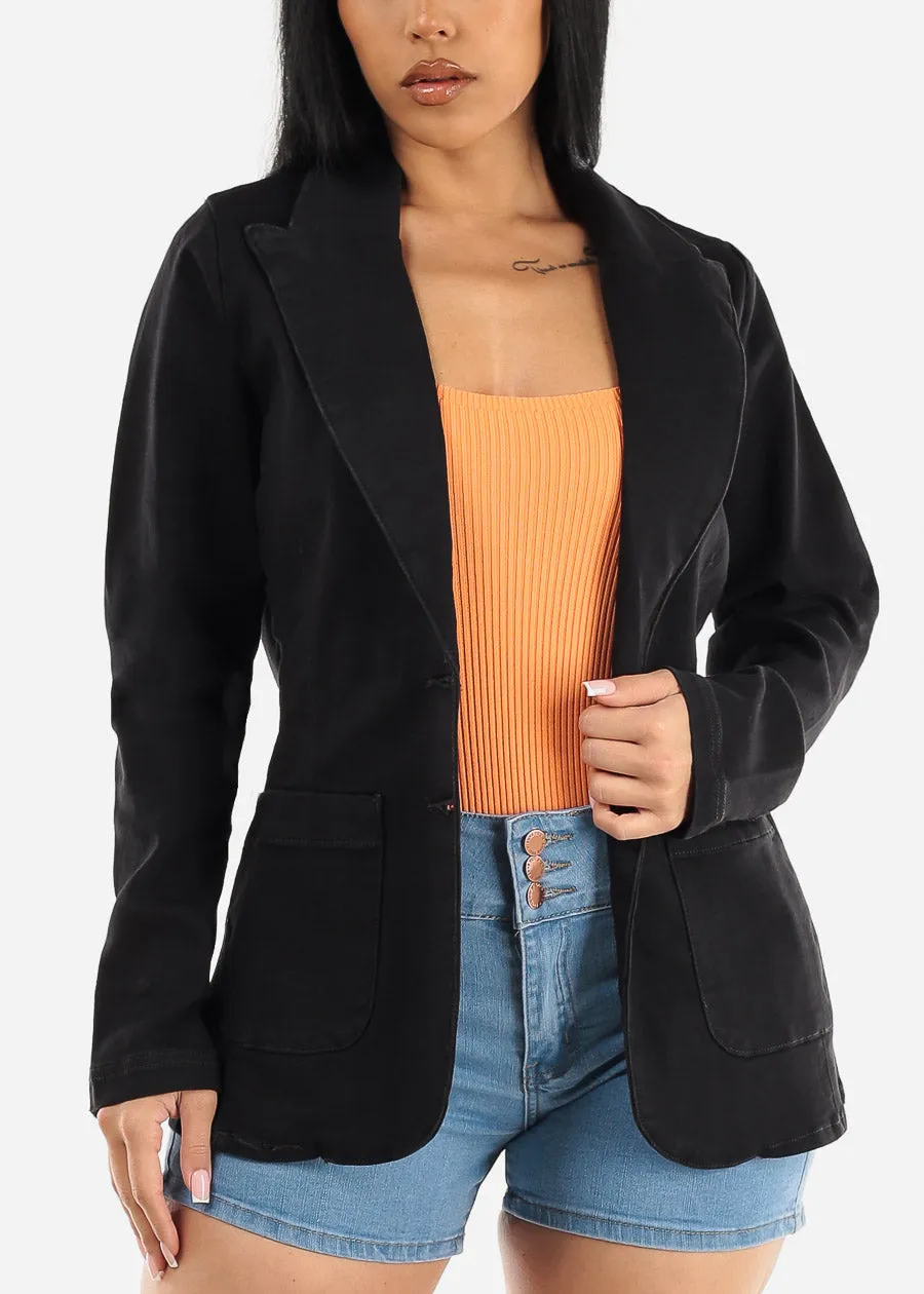 Long Sleeve Black Denim Blazer w Pockets sold by Moda