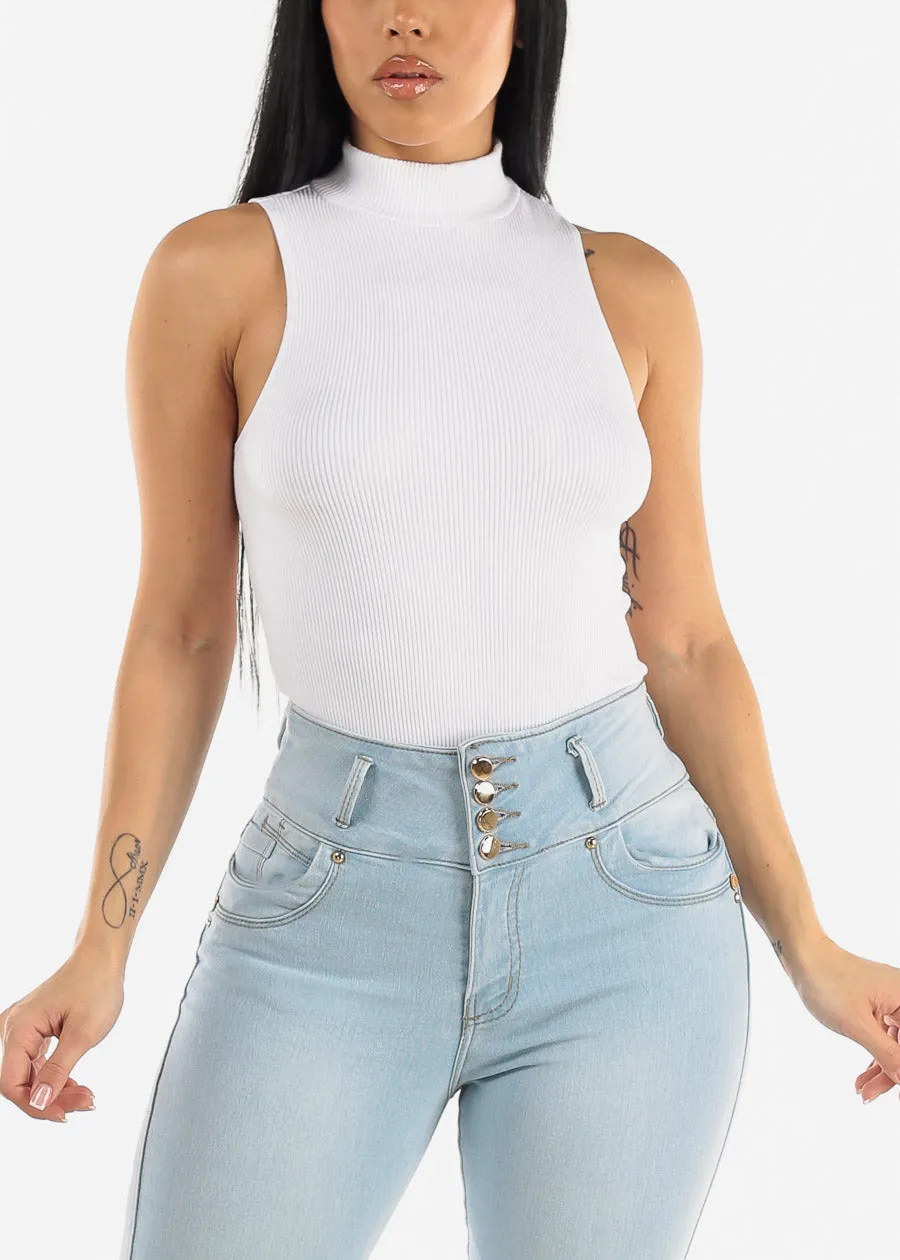 White Sleeveless Ribbed Mock Neck Thong Bodysuit sold by Moda product image thumbnail 5