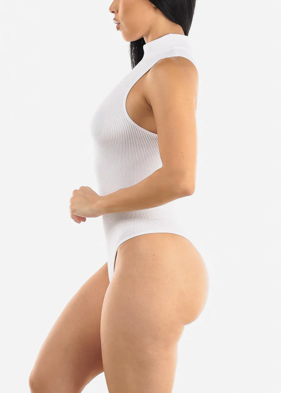 White Sleeveless Ribbed Mock Neck Thong Bodysuit sold by Moda product image thumbnail 3