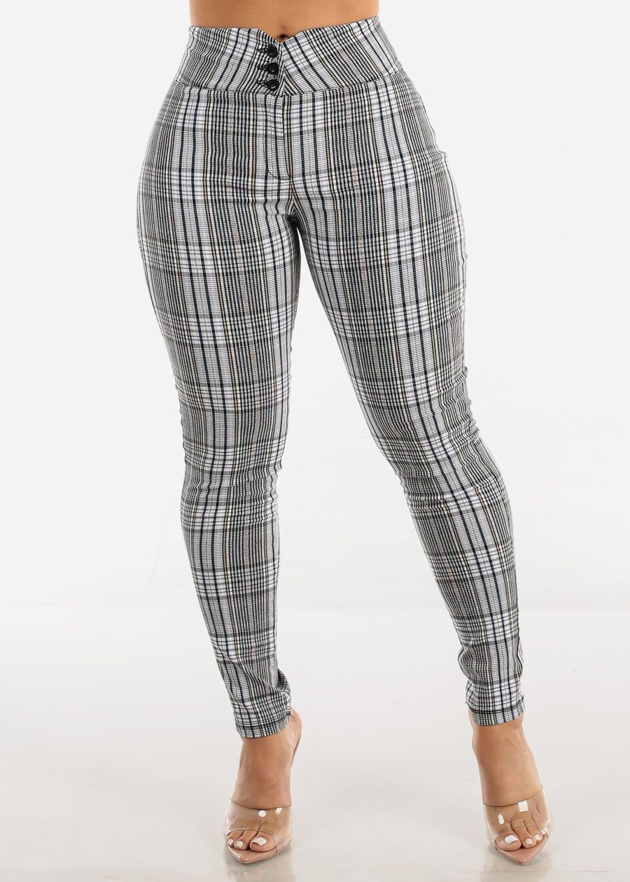 High Waisted Printed Dressy Skinny Pants Blue sold by Moda