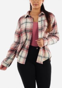 Long Sleeve Button Up Pink Plaid Shirt sold by Moda