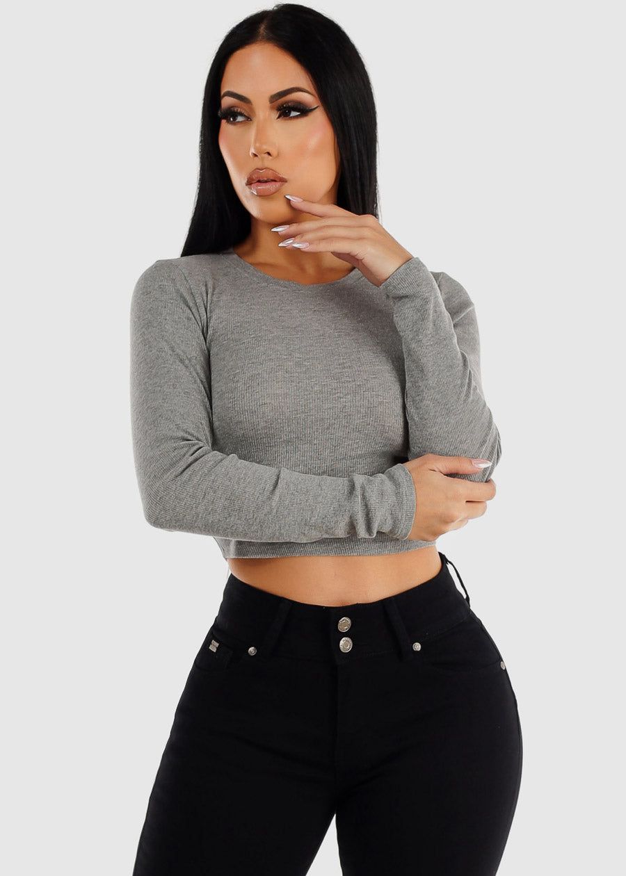 Crewneck Long Sleeve Crop Top Grey sold by Moda