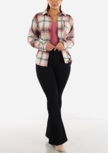 Long Sleeve Button Up Pink Plaid Shirt sold by Moda