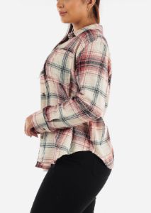 Long Sleeve Button Up Pink Plaid Shirt sold by Moda