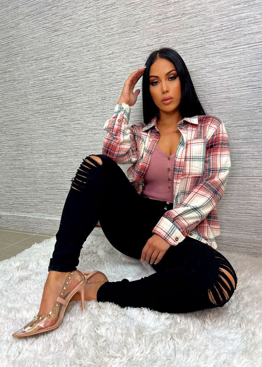 Long Sleeve Button Up Pink Plaid Shirt sold by Moda