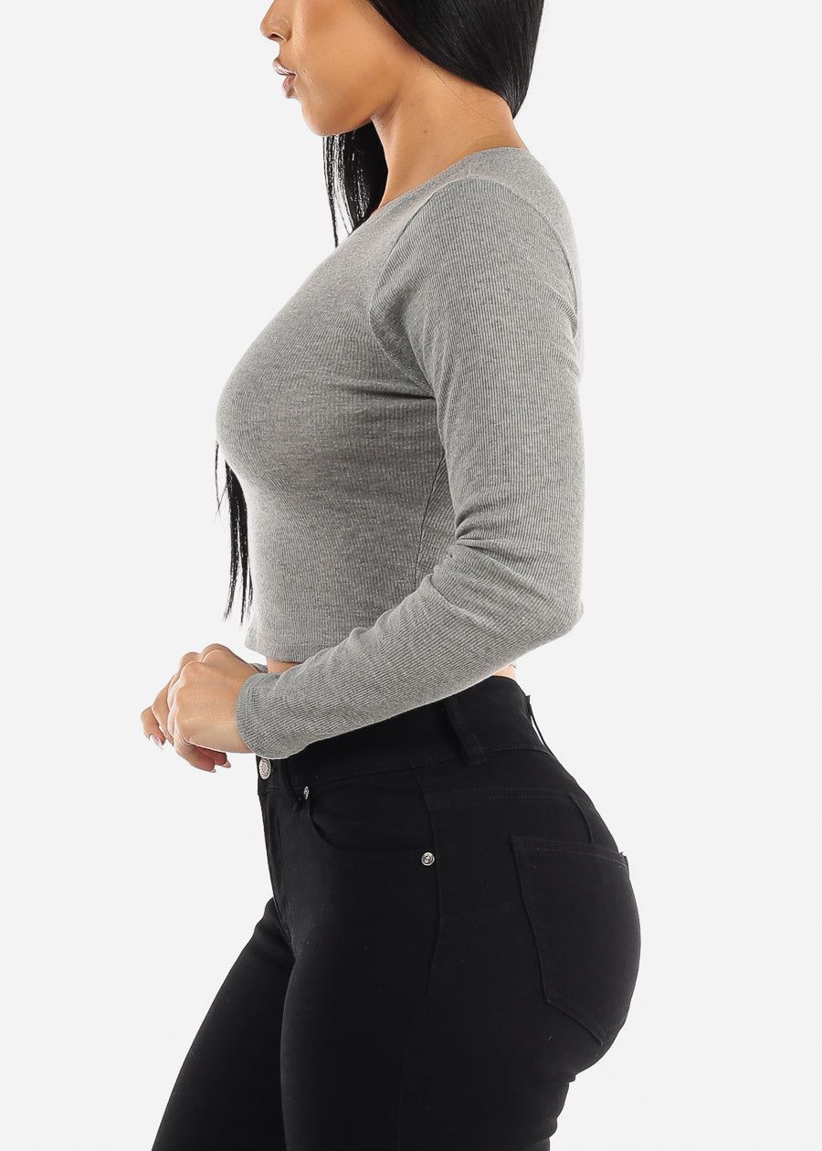 Crewneck Long Sleeve Crop Top Grey sold by Moda product image thumbnail 3