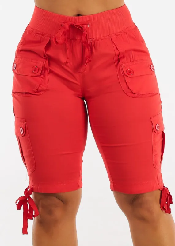Red High Waist Drawstring Cargo Bermuda Shorts sold by Moda