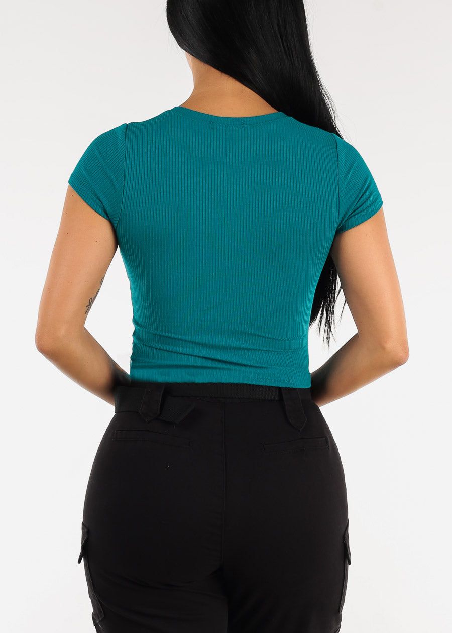 Ribbed Vneck Short Sleeve Crop Top Teal sold by Moda product image thumbnail 4