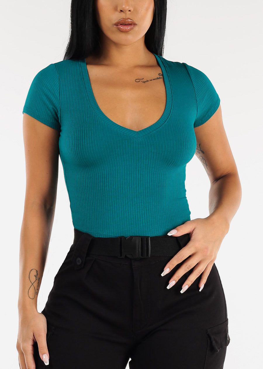 Ribbed Vneck Short Sleeve Crop Top Teal sold by Moda