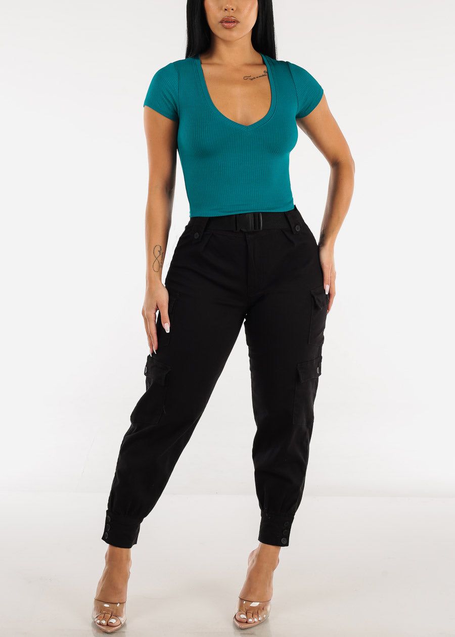 Ribbed Vneck Short Sleeve Crop Top Teal sold by Moda product image thumbnail 2