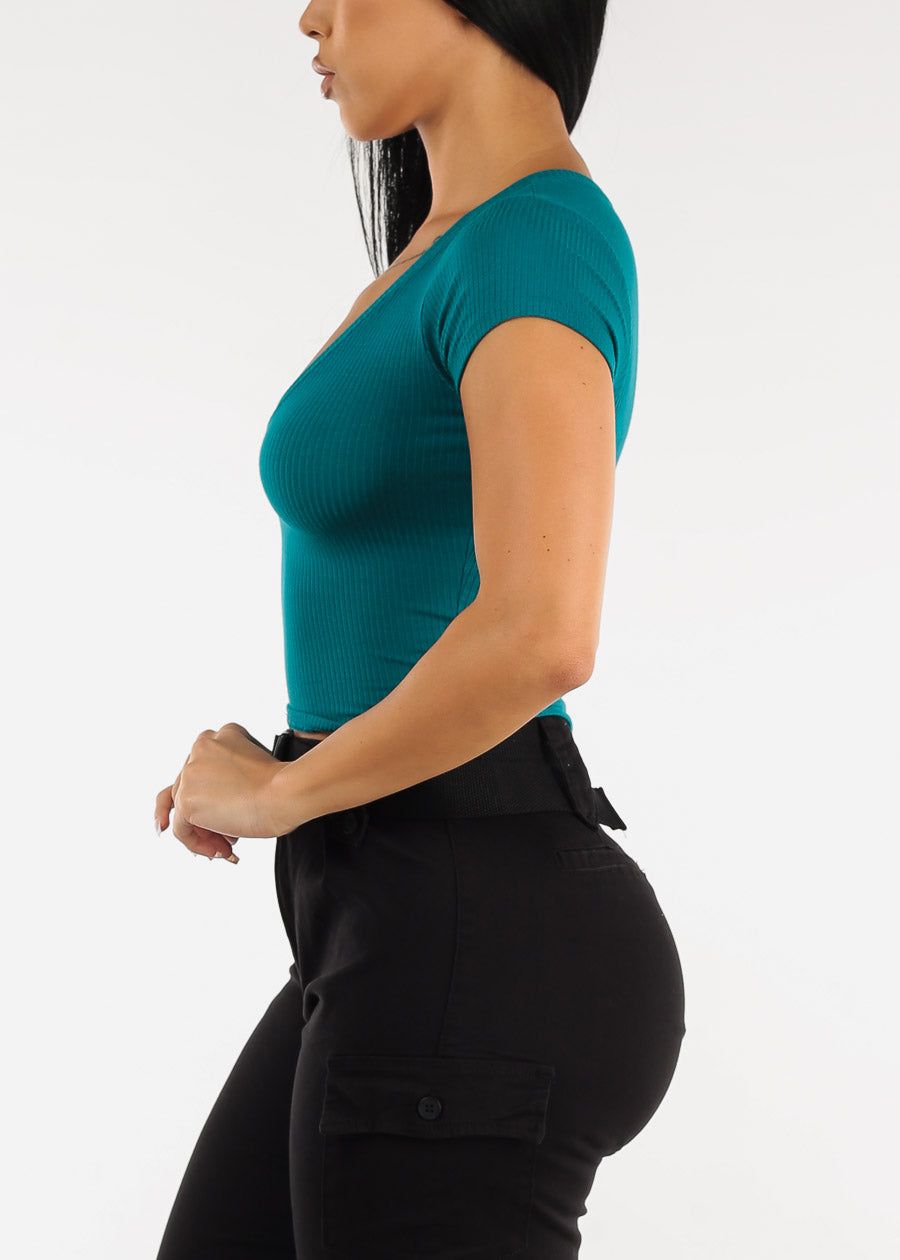 Ribbed Vneck Short Sleeve Crop Top Teal sold by Moda product image thumbnail 3