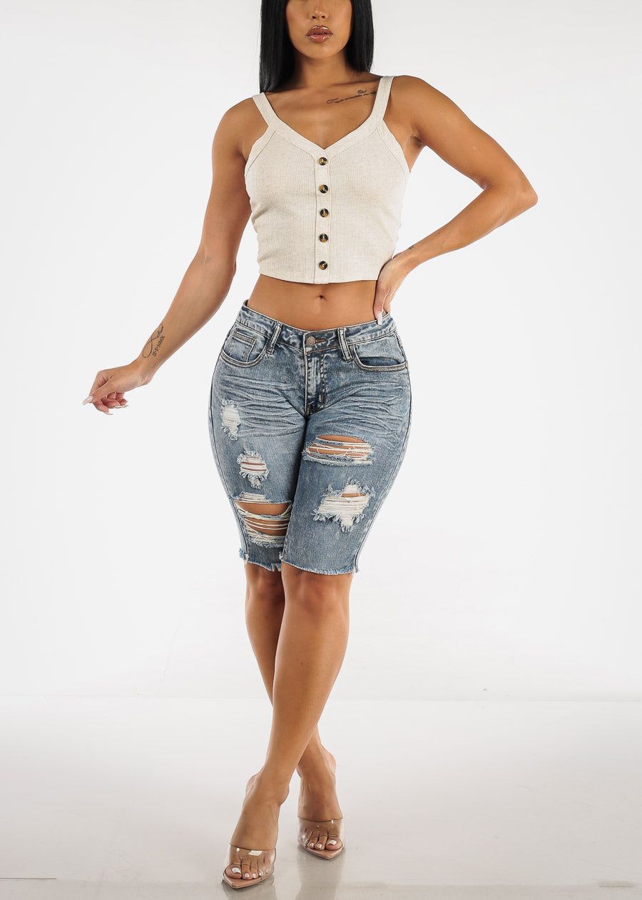 Beige Ribbed Sleeveless Crop Top with Buttons sold by Moda product image thumbnail 2