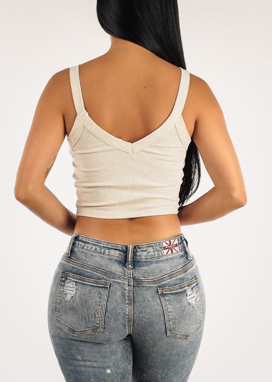 Beige Ribbed Sleeveless Crop Top with Buttons sold by Moda product image thumbnail 4