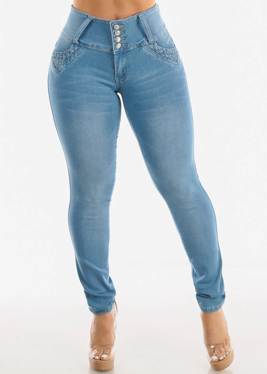 MX JEANS Butt Lifting Mid Rise Light Blue Skinny Jeans sold by Moda product image thumbnail 4