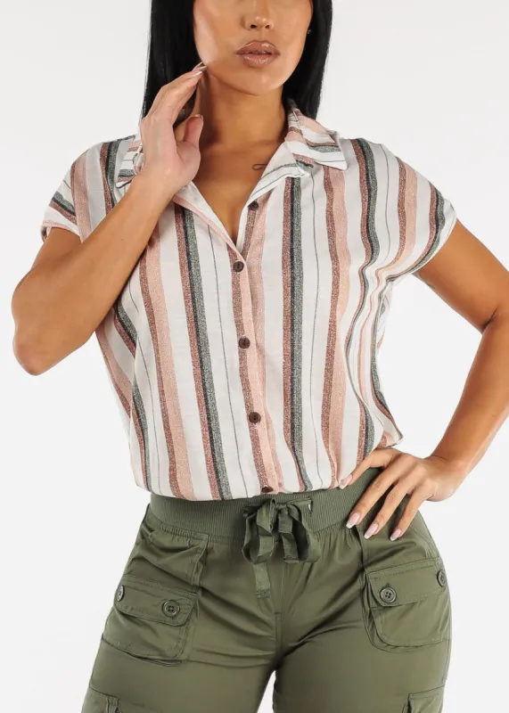 Short Sleeve Button Up Stripe Shirt Ivory & Olive sold by Moda