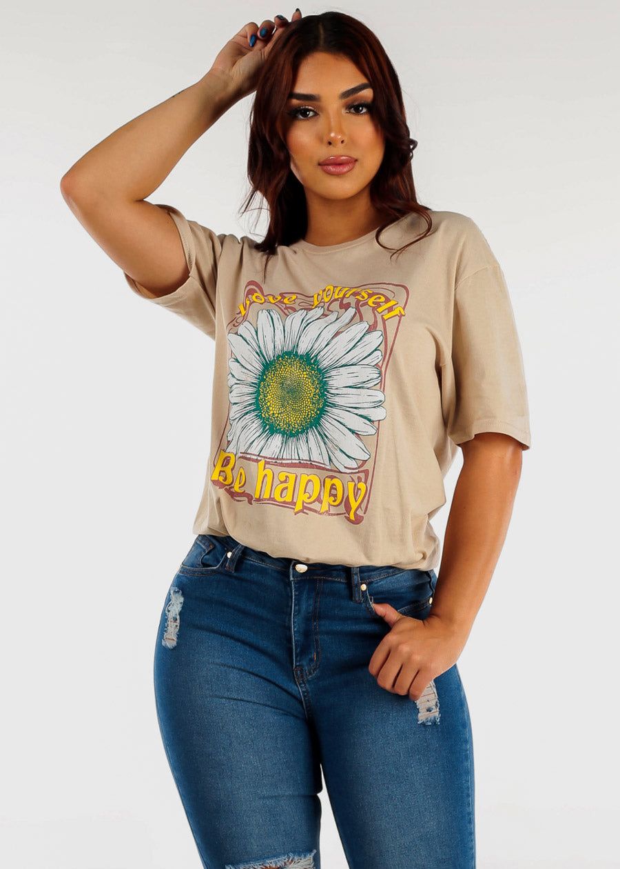 Beige Vintage Graphic Oversized Short Sleeve Tee Love Yourself sold by Moda product image thumbnail 2